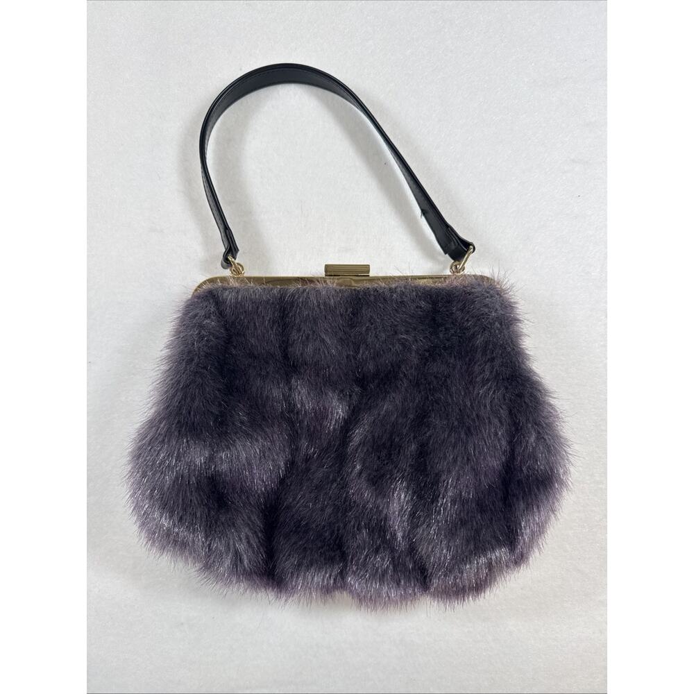 Cute Purple Faux Fur Clutch Shoulder Bag Purse Gold Frame Bag